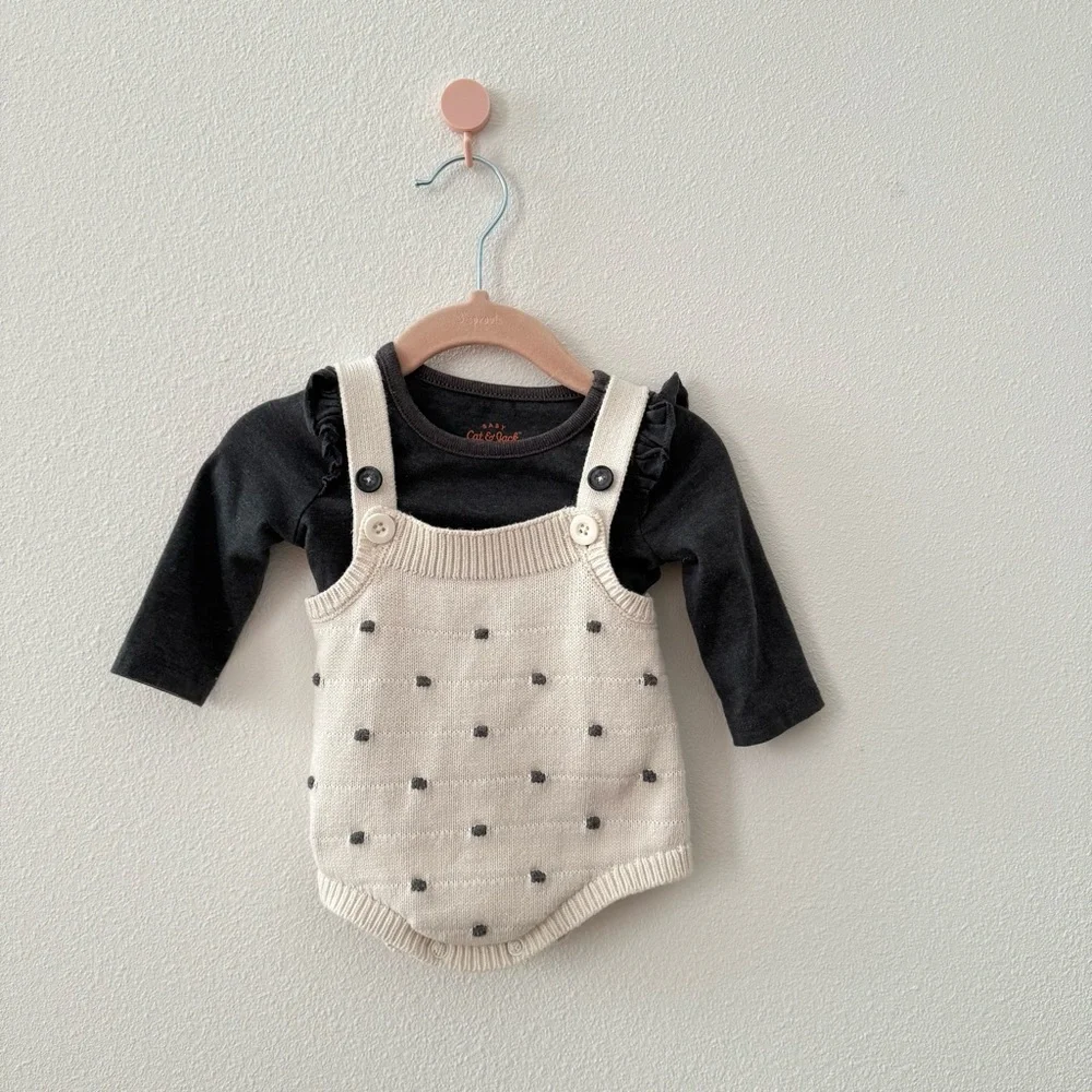 Baby Girl 0-3M Charcoal Top with Cream Knit Onesie